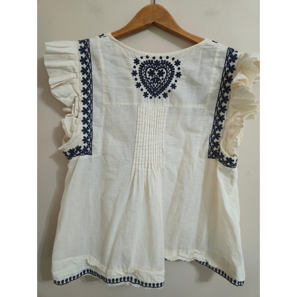 Solitaire Womens XL Embroidered Cotton Boho Top Ruffle Sleeve White Navy Blue - Picture 2 of 8